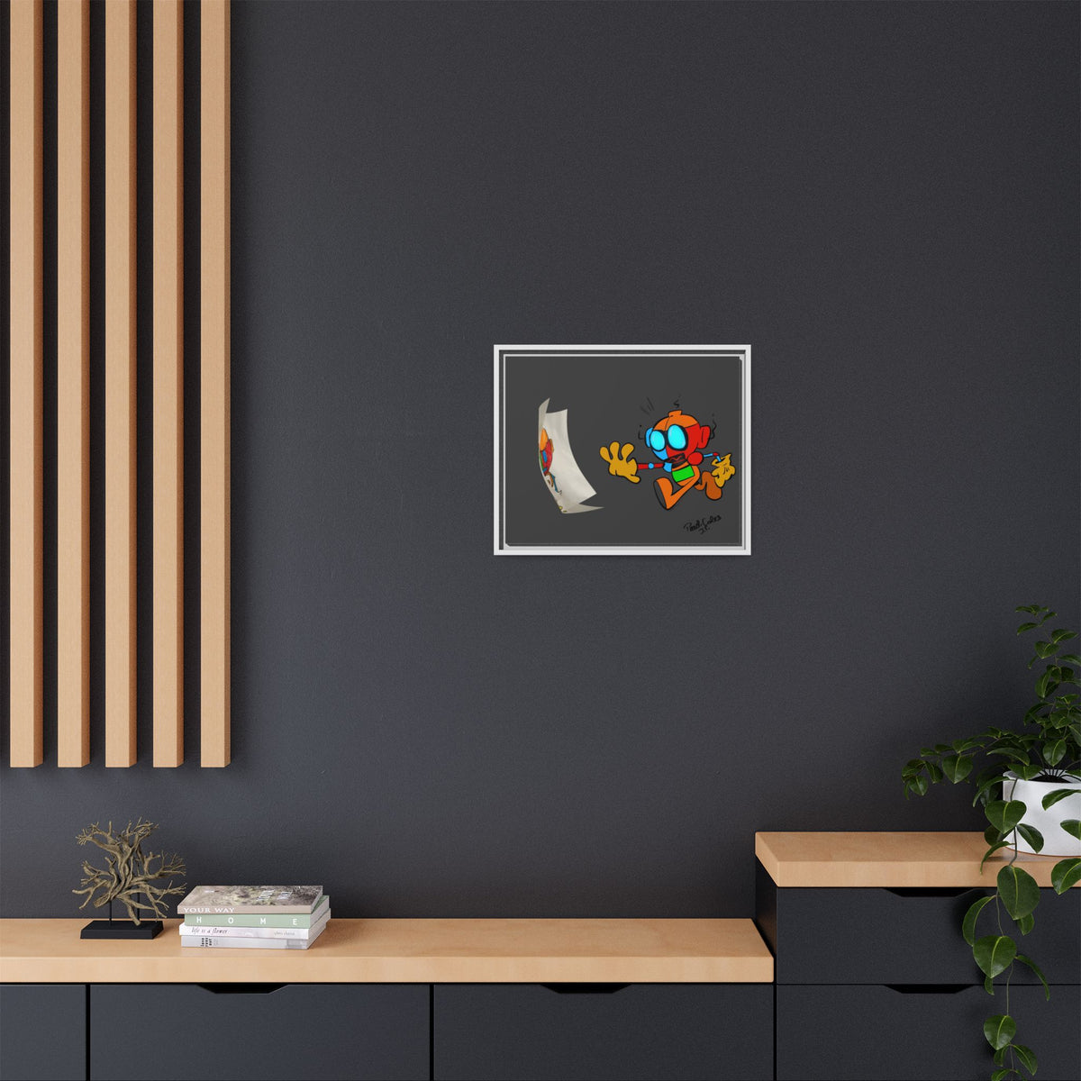 Android  Irony Framed Matte Canvas Art — Colorful Cartoon Robot Print