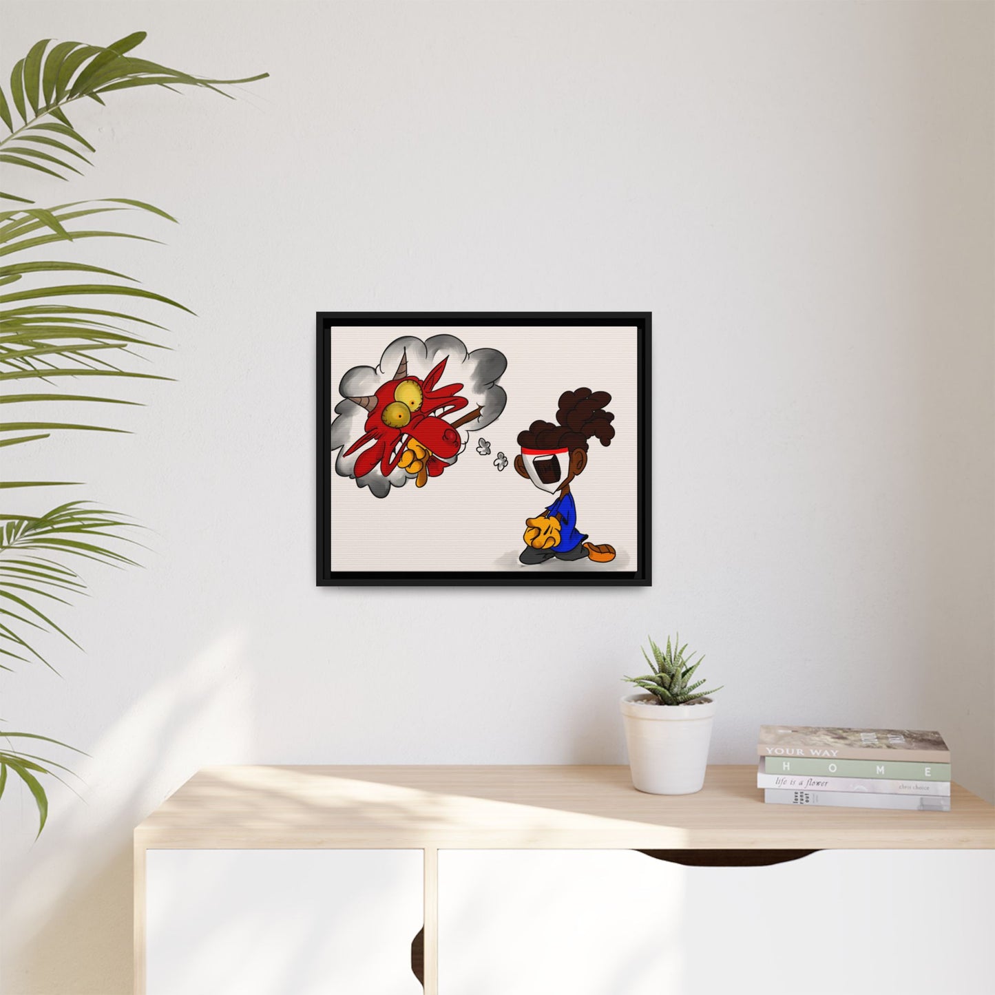 Power of Prayer Framed Matte Canvas Art — Cartoon Kid Imagining a Red Dragon