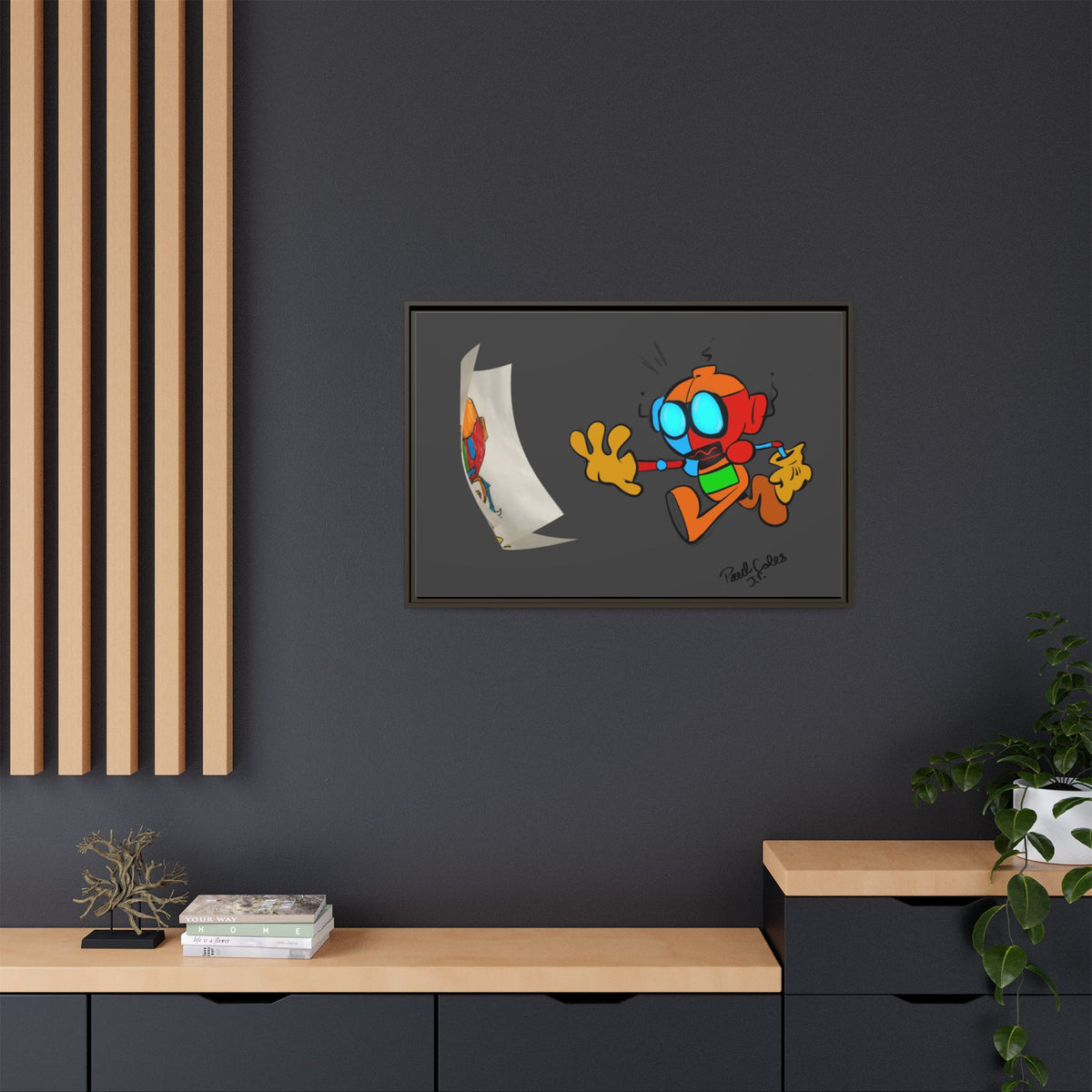 Android  Irony Framed Matte Canvas Art — Colorful Cartoon Robot Print