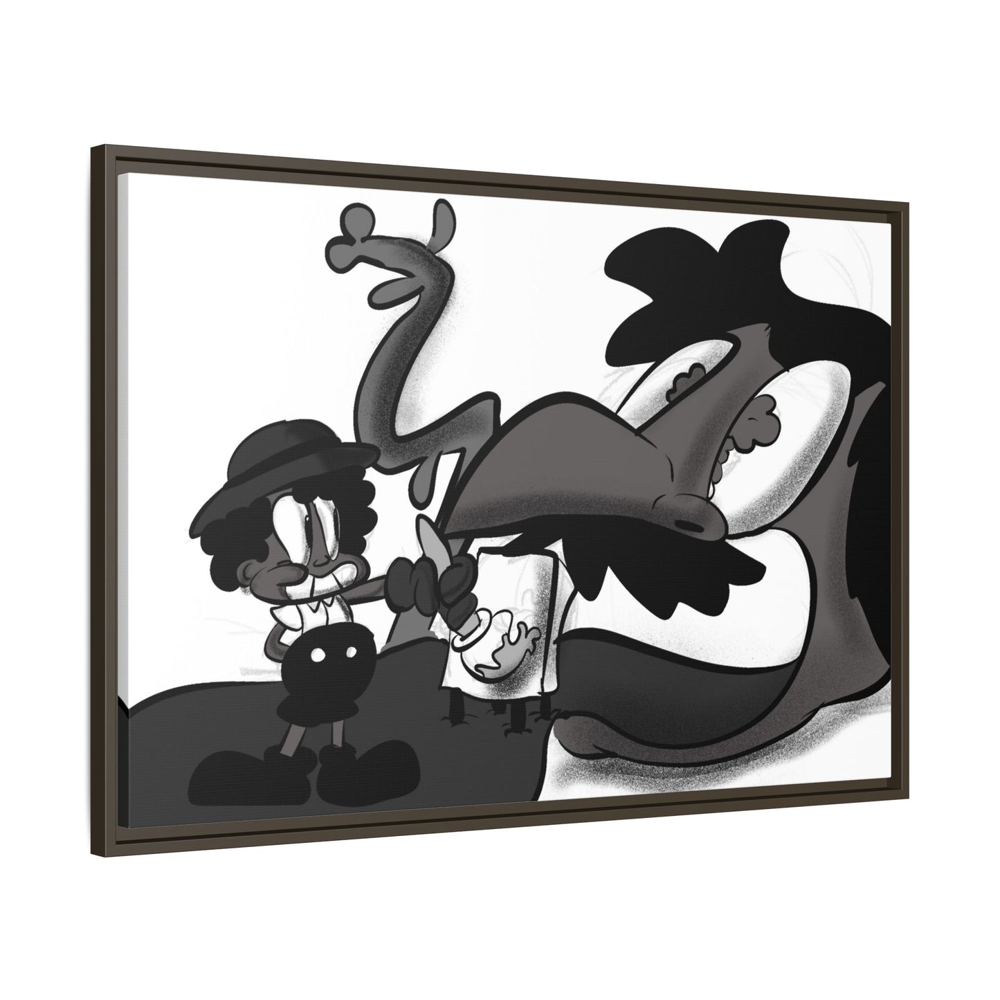 Jack & The Bean Stalk  Matte Canvas Framed Art — Monochrome Retro Character Print