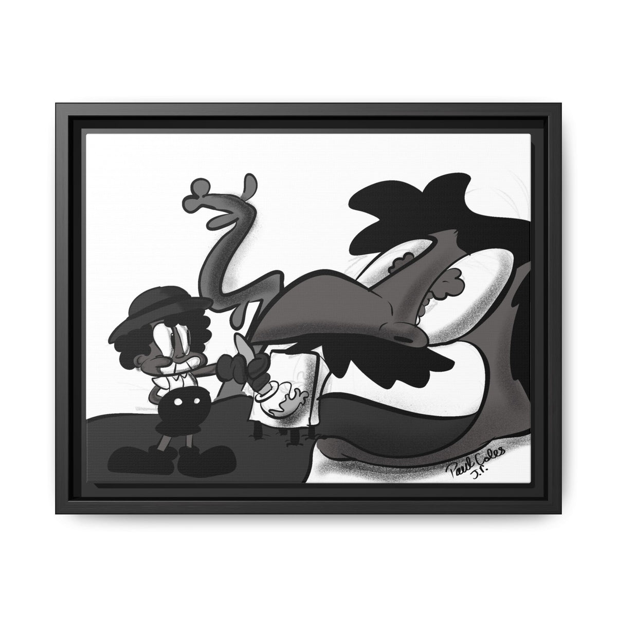 Jack & The Bean Stalk  Matte Canvas Framed Art — Monochrome Retro Character Print