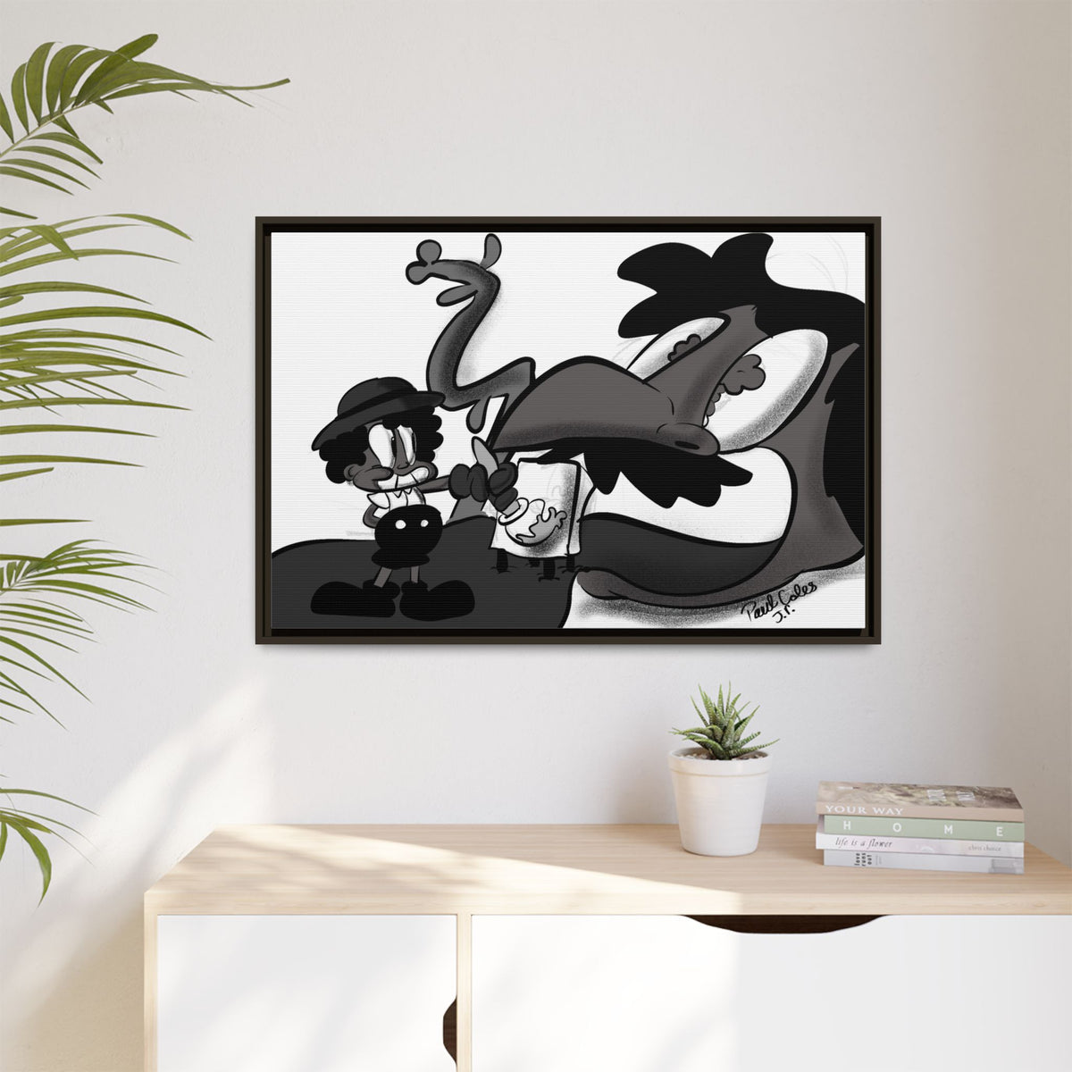 Jack & The Bean Stalk  Matte Canvas Framed Art — Monochrome Retro Character Print