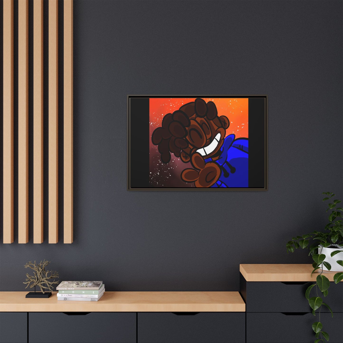 Peace of Me Framed Matte Canvas Art — Cartoon Smile Character on Orange-Red Background