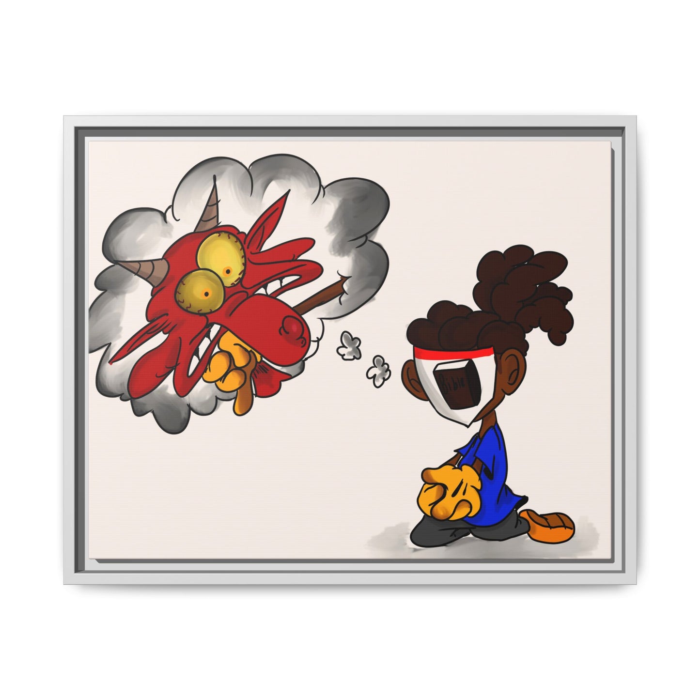 Power of Prayer Framed Matte Canvas Art — Cartoon Kid Imagining a Red Dragon