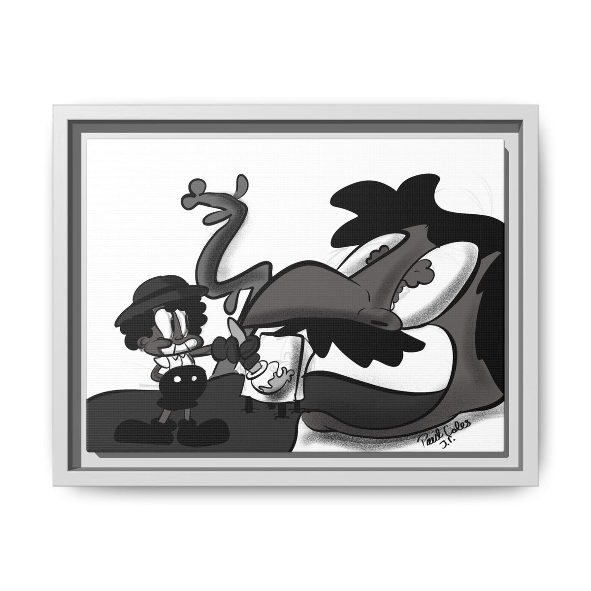 Jack & The Bean Stalk  Matte Canvas Framed Art — Monochrome Retro Character Print