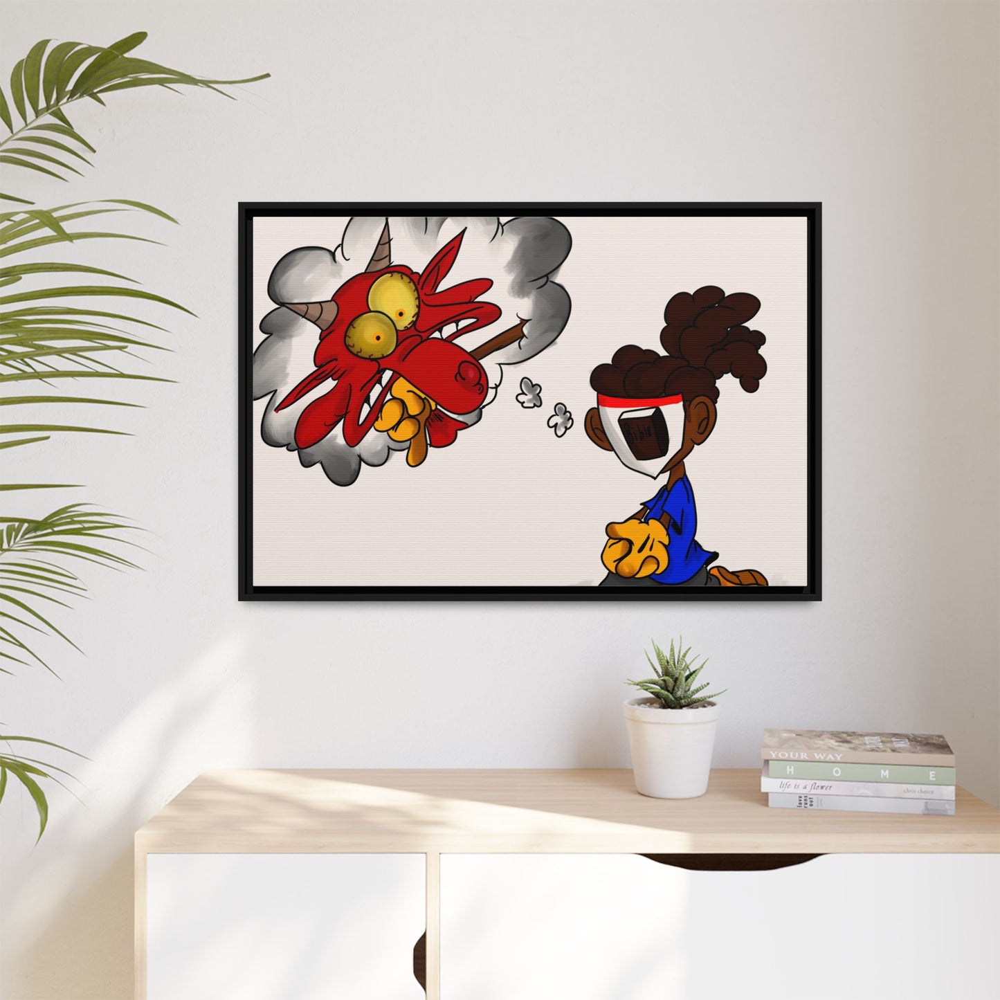 Power of Prayer Framed Matte Canvas Art — Cartoon Kid Imagining a Red Dragon