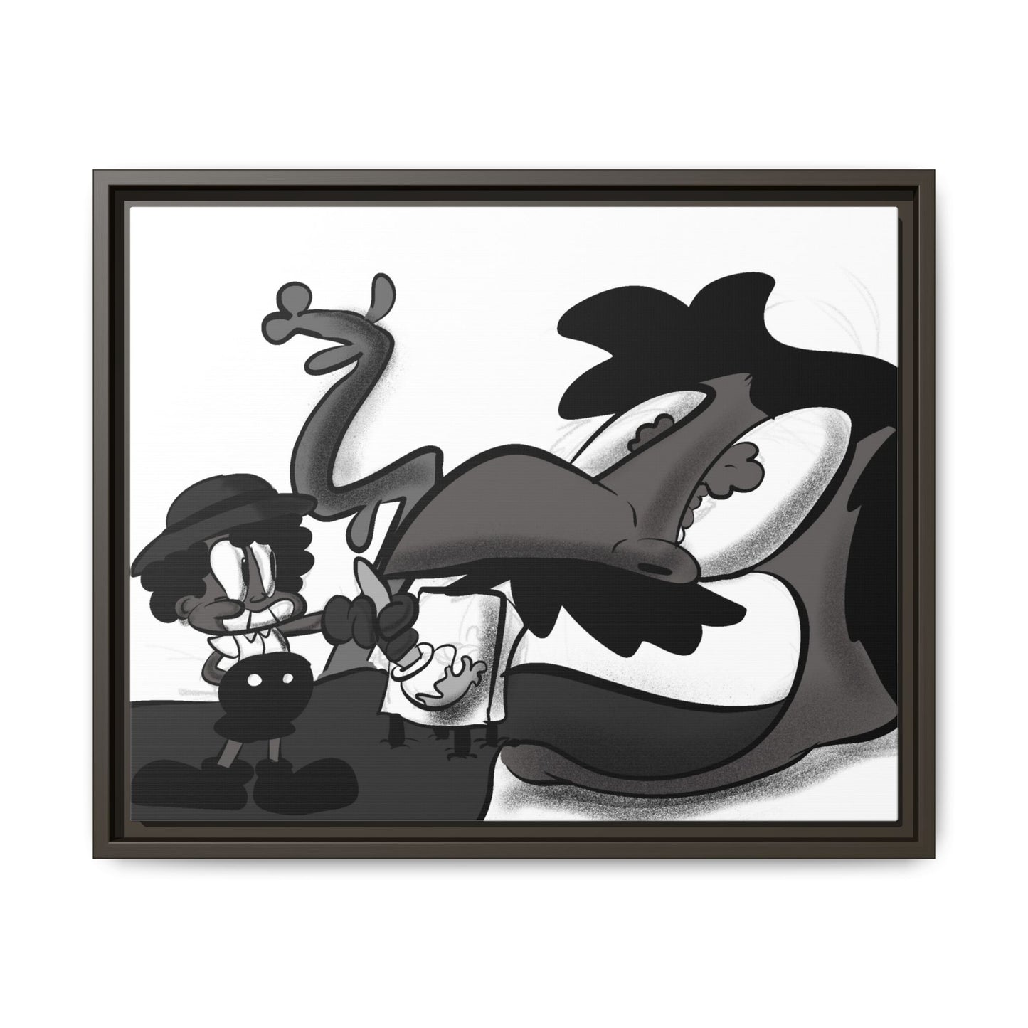 Jack & The Bean Stalk  Matte Canvas Framed Art — Monochrome Retro Character Print