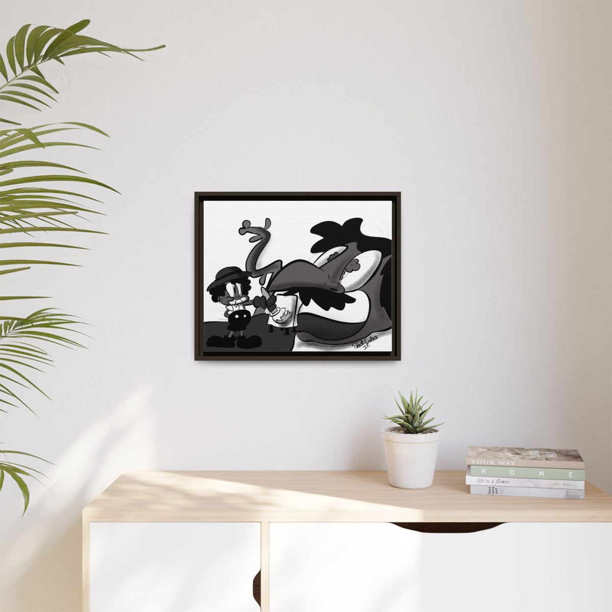Jack & The Bean Stalk  Matte Canvas Framed Art — Monochrome Retro Character Print
