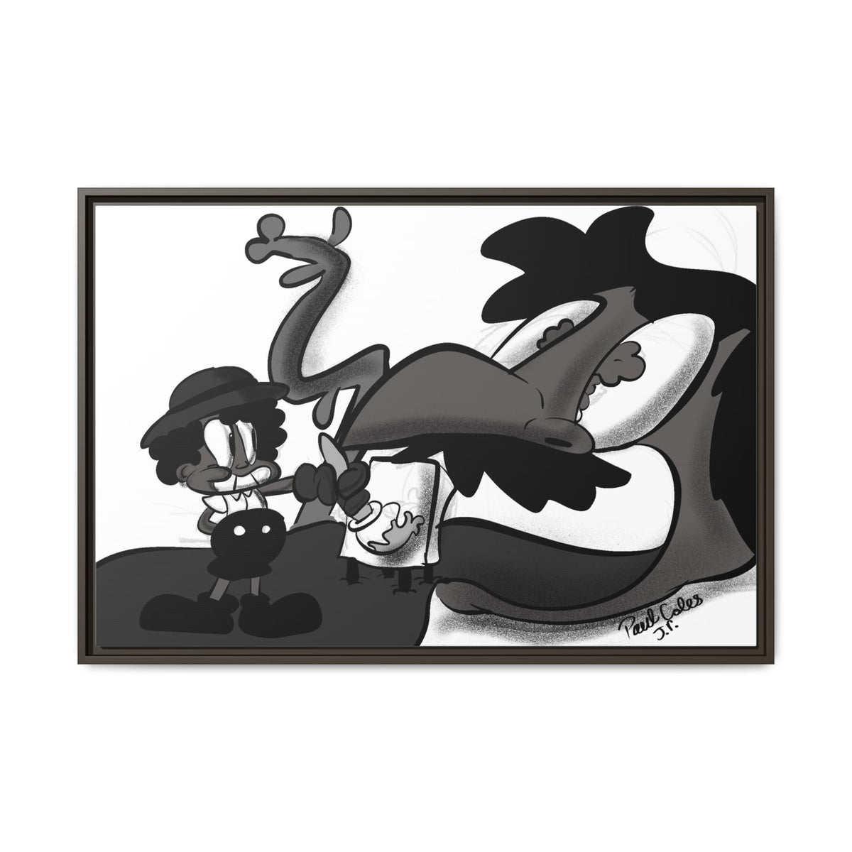Jack & The Bean Stalk  Matte Canvas Framed Art — Monochrome Retro Character Print