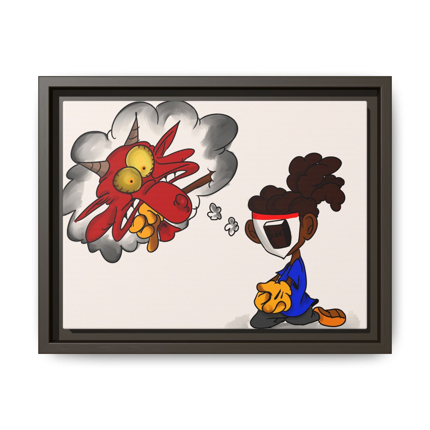 Power of Prayer Framed Matte Canvas Art — Cartoon Kid Imagining a Red Dragon