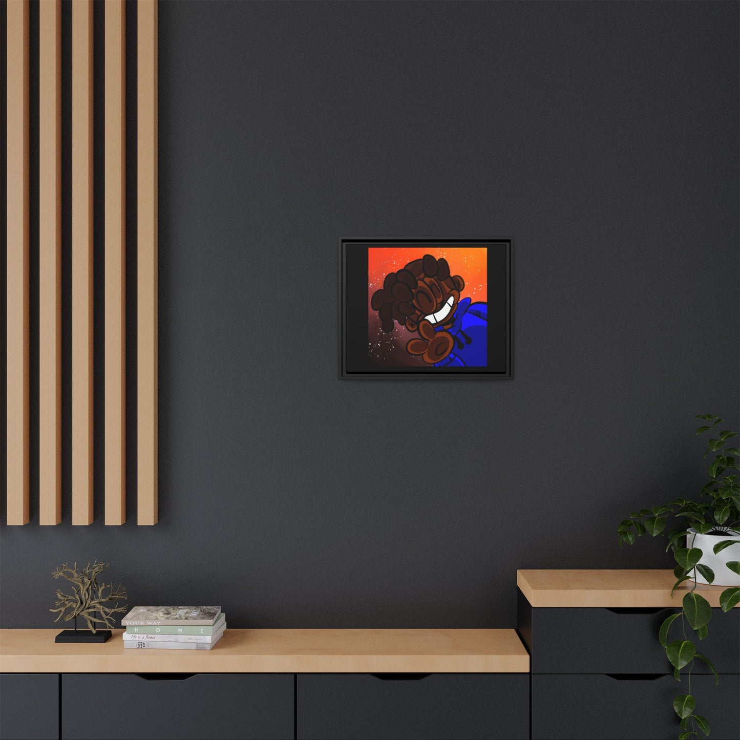 Peace of Me Framed Matte Canvas Art — Cartoon Smile Character on Orange-Red Background