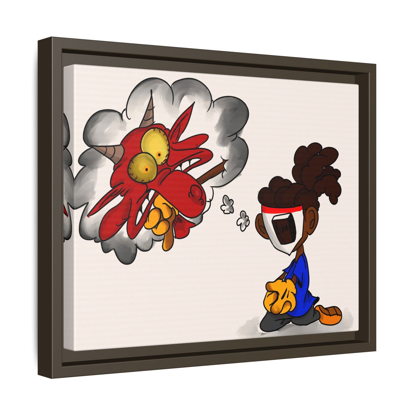 Power of Prayer Framed Matte Canvas Art — Cartoon Kid Imagining a Red Dragon
