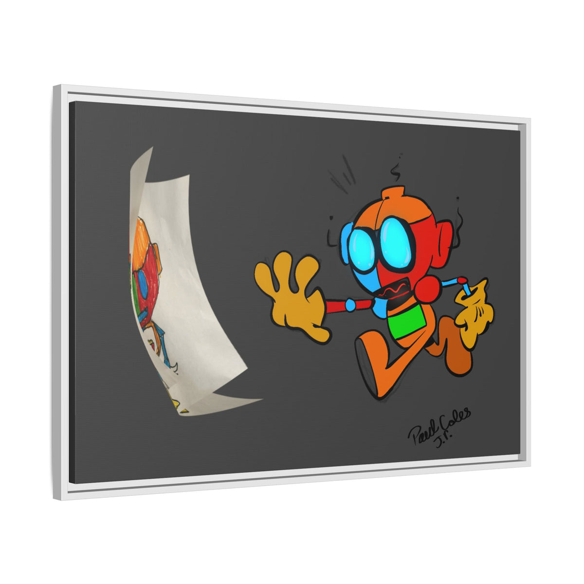 Android  Irony Framed Matte Canvas Art — Colorful Cartoon Robot Print