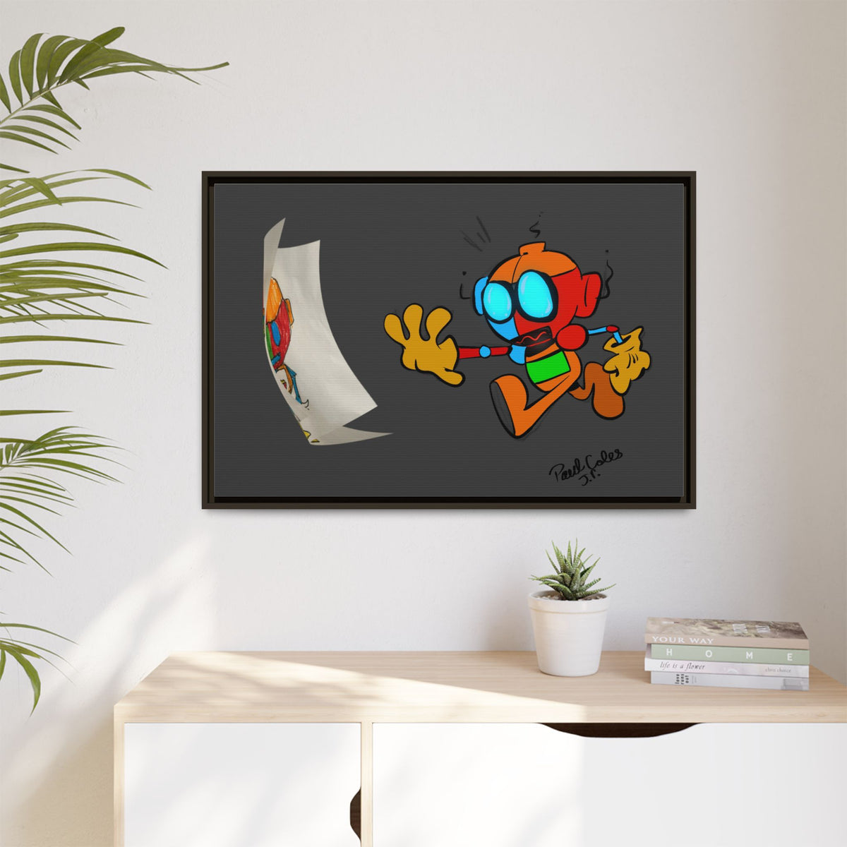 Android  Irony Framed Matte Canvas Art — Colorful Cartoon Robot Print