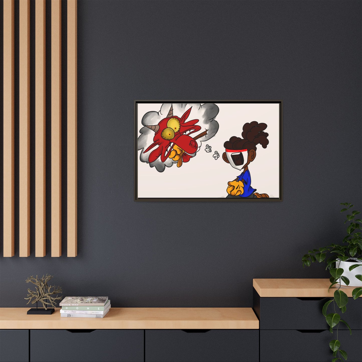 Power of Prayer Framed Matte Canvas Art — Cartoon Kid Imagining a Red Dragon