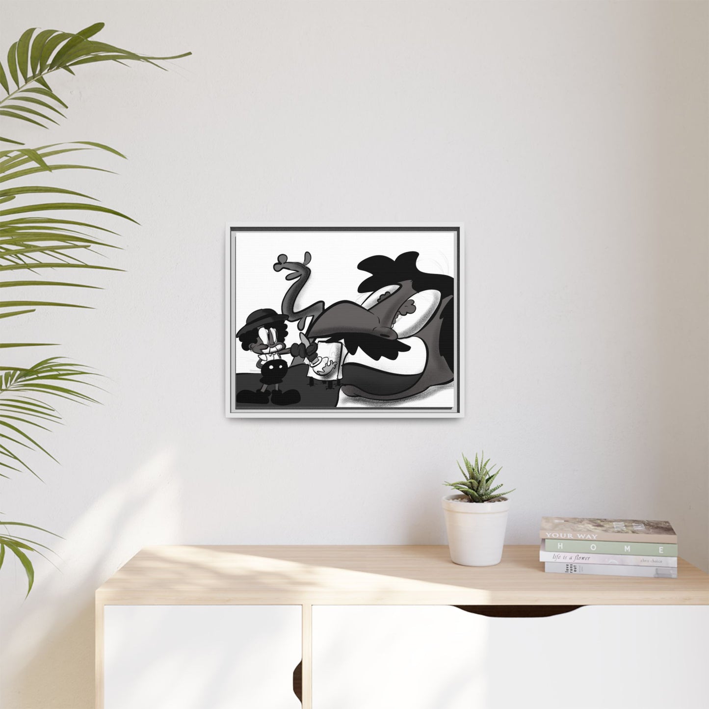 Jack & The Bean Stalk  Matte Canvas Framed Art — Monochrome Retro Character Print