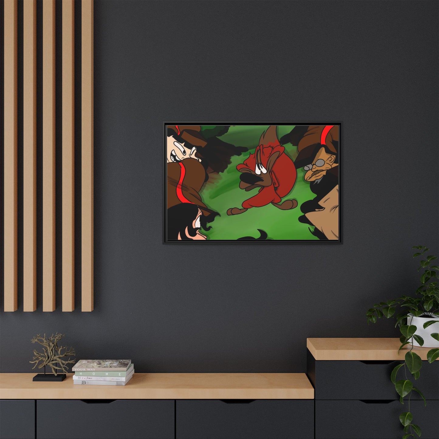Hunting Season Framed Matte Canvas Art — Vintage Cartoon Band of Pirates Illustration
