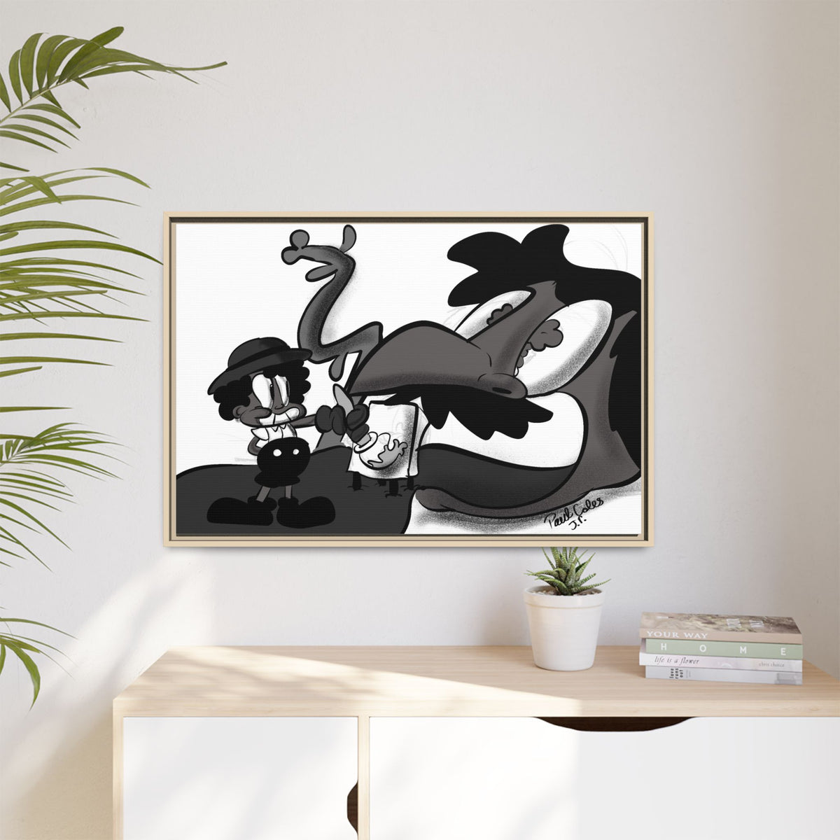 Jack & The Bean Stalk  Matte Canvas Framed Art — Monochrome Retro Character Print