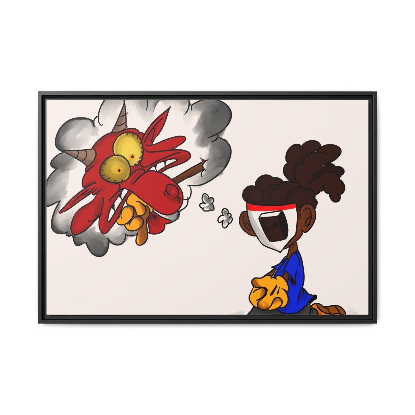 Power of Prayer Framed Matte Canvas Art — Cartoon Kid Imagining a Red Dragon