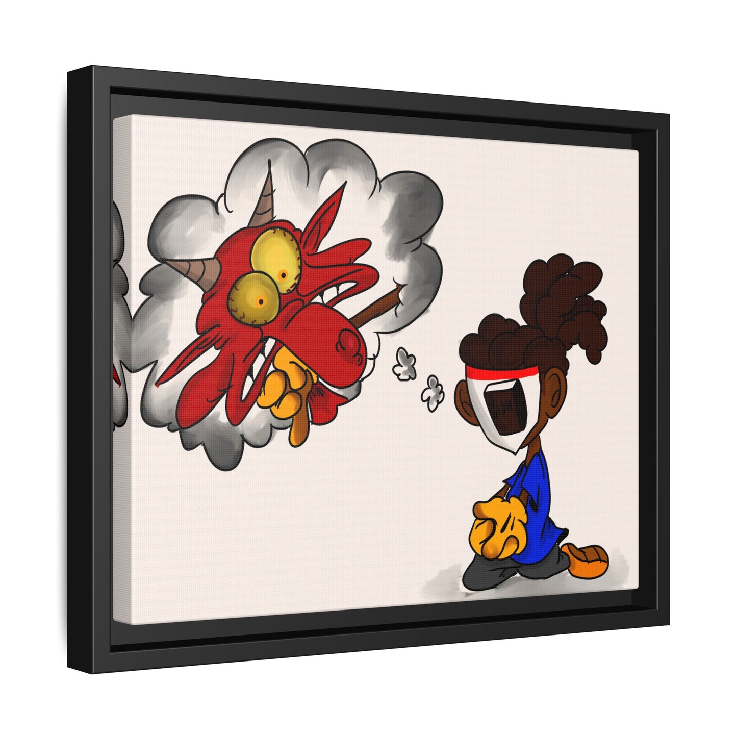 Power of Prayer Framed Matte Canvas Art — Cartoon Kid Imagining a Red Dragon