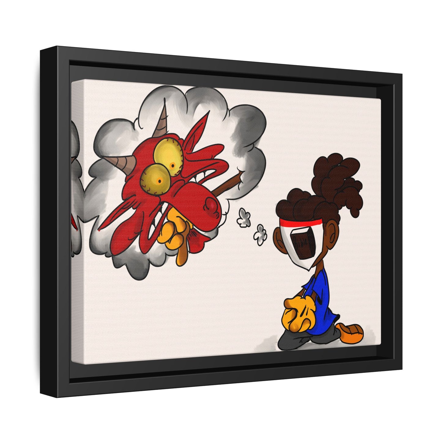 Power of Prayer Framed Matte Canvas Art — Cartoon Kid Imagining a Red Dragon