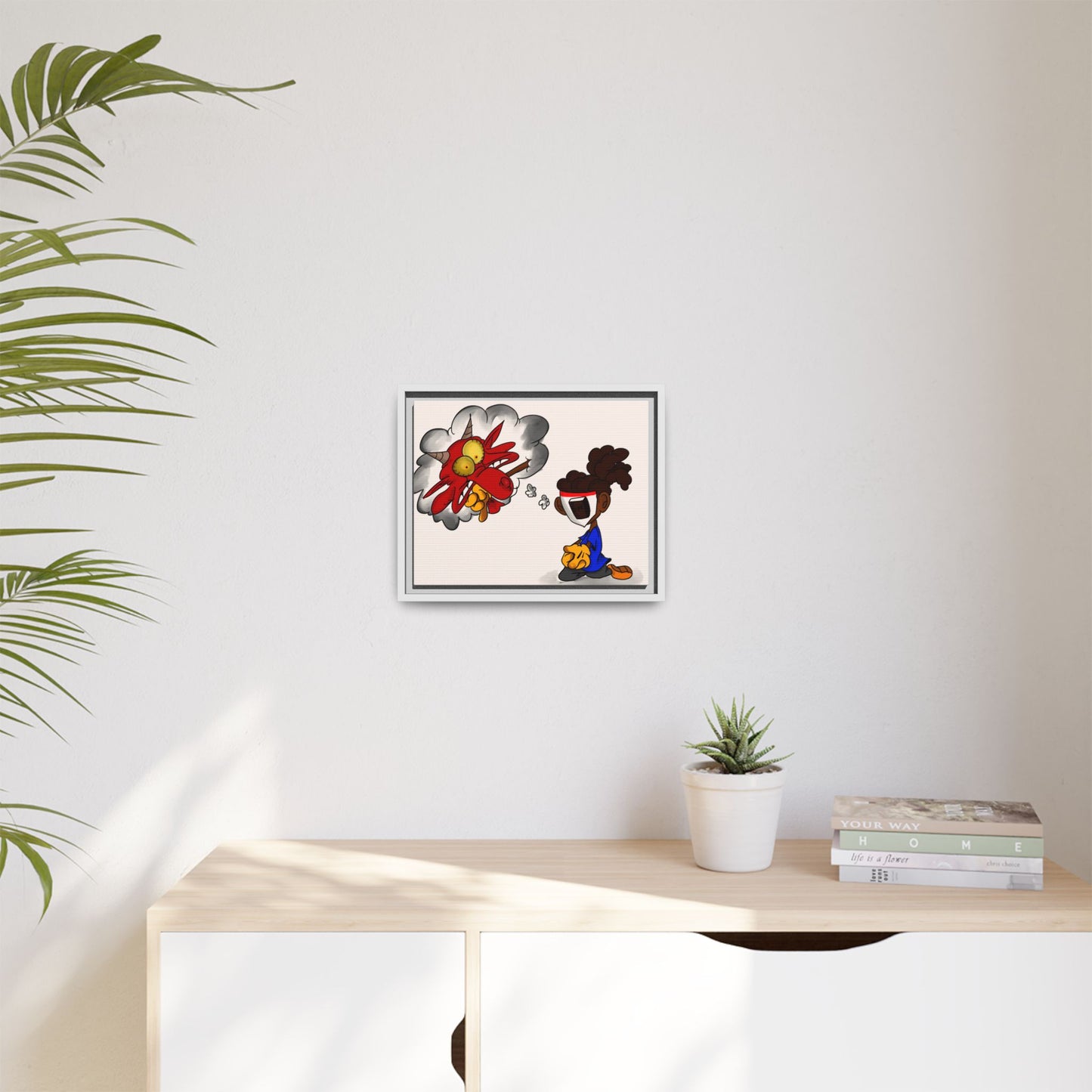 Power of Prayer Framed Matte Canvas Art — Cartoon Kid Imagining a Red Dragon