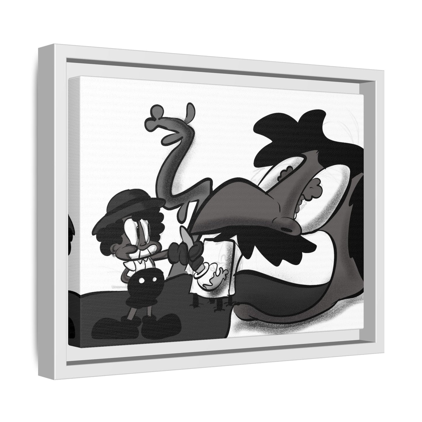 Jack & The Bean Stalk  Matte Canvas Framed Art — Monochrome Retro Character Print