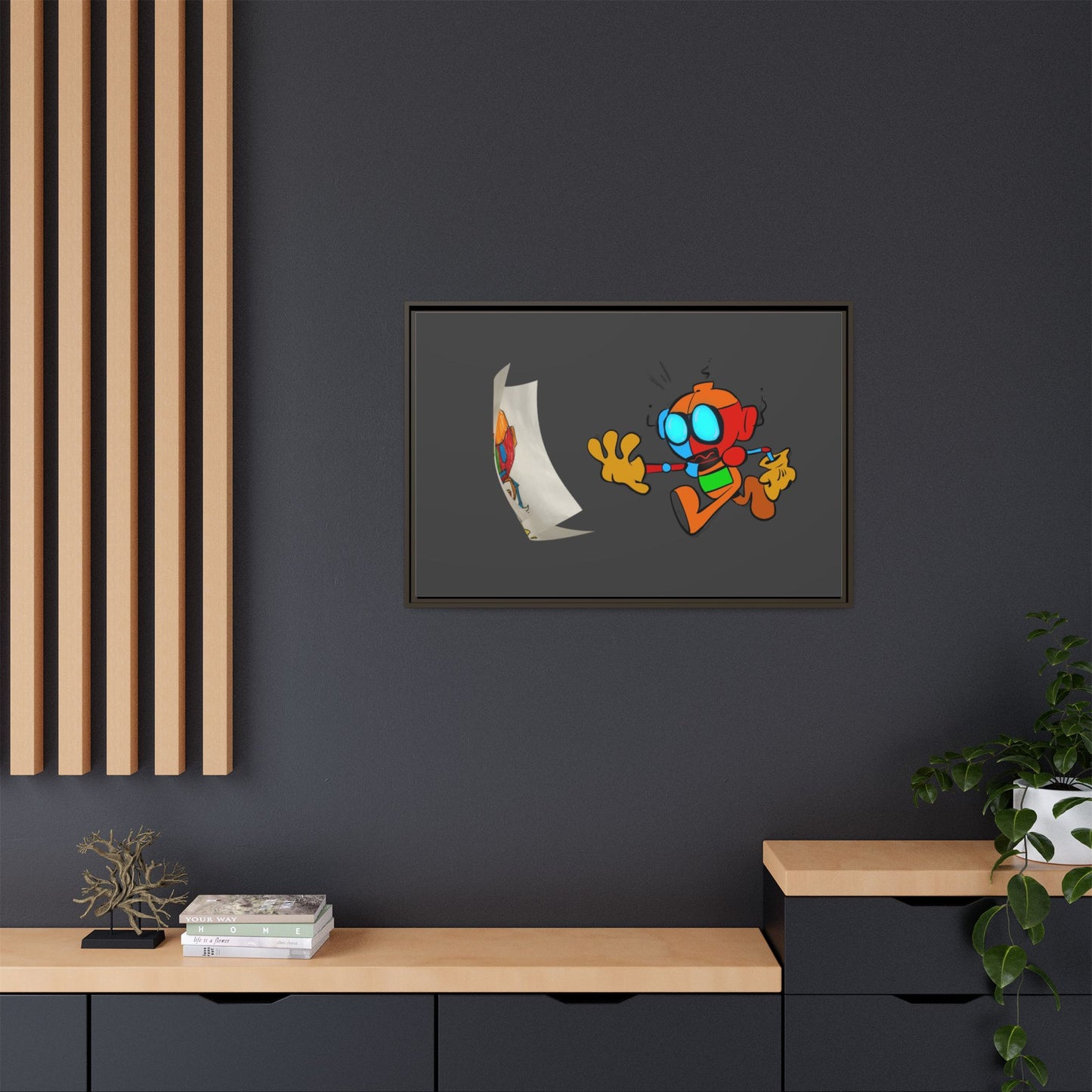 Android  Irony Framed Matte Canvas Art — Colorful Cartoon Robot Print