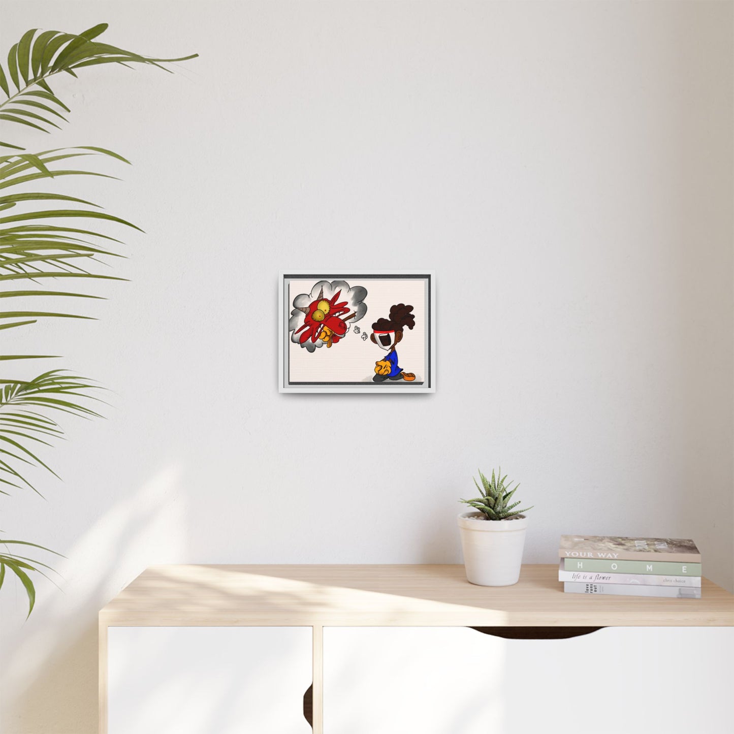 Power of Prayer Framed Matte Canvas Art — Cartoon Kid Imagining a Red Dragon