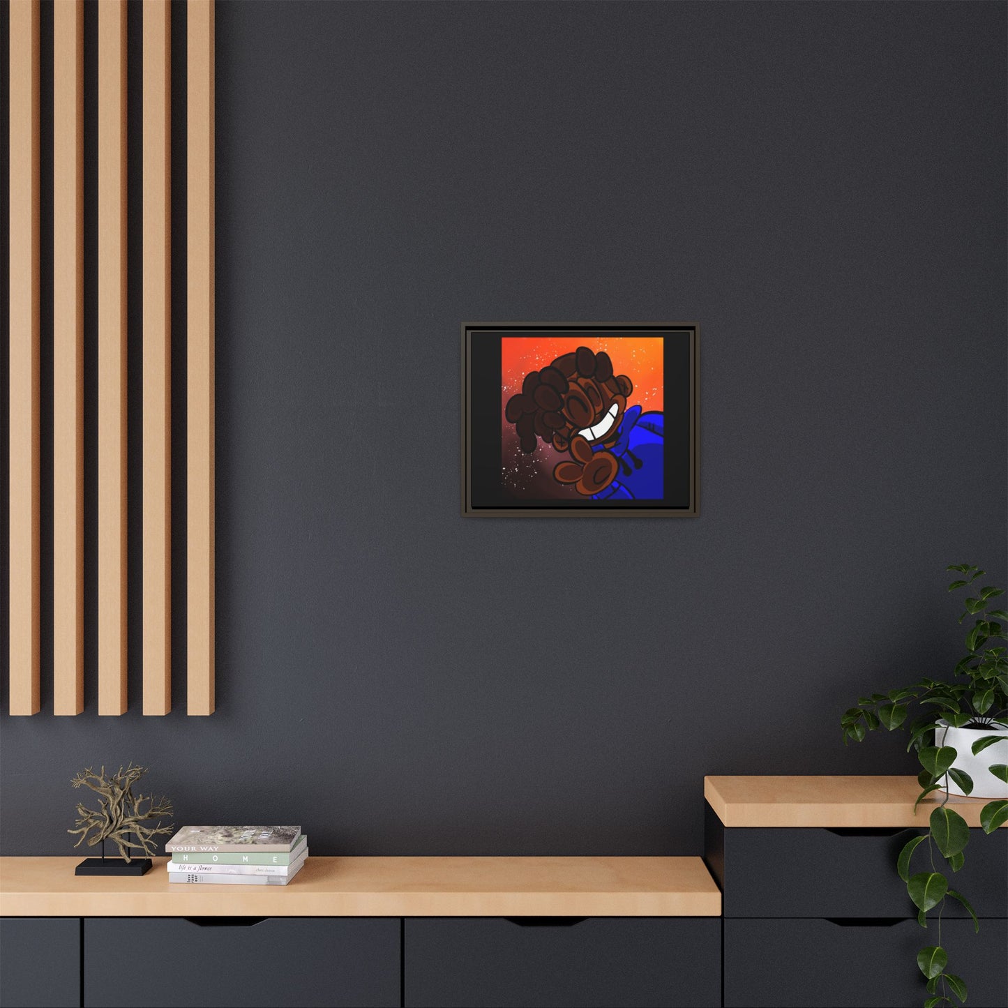 Peace of Me Framed Matte Canvas Art — Cartoon Smile Character on Orange-Red Background