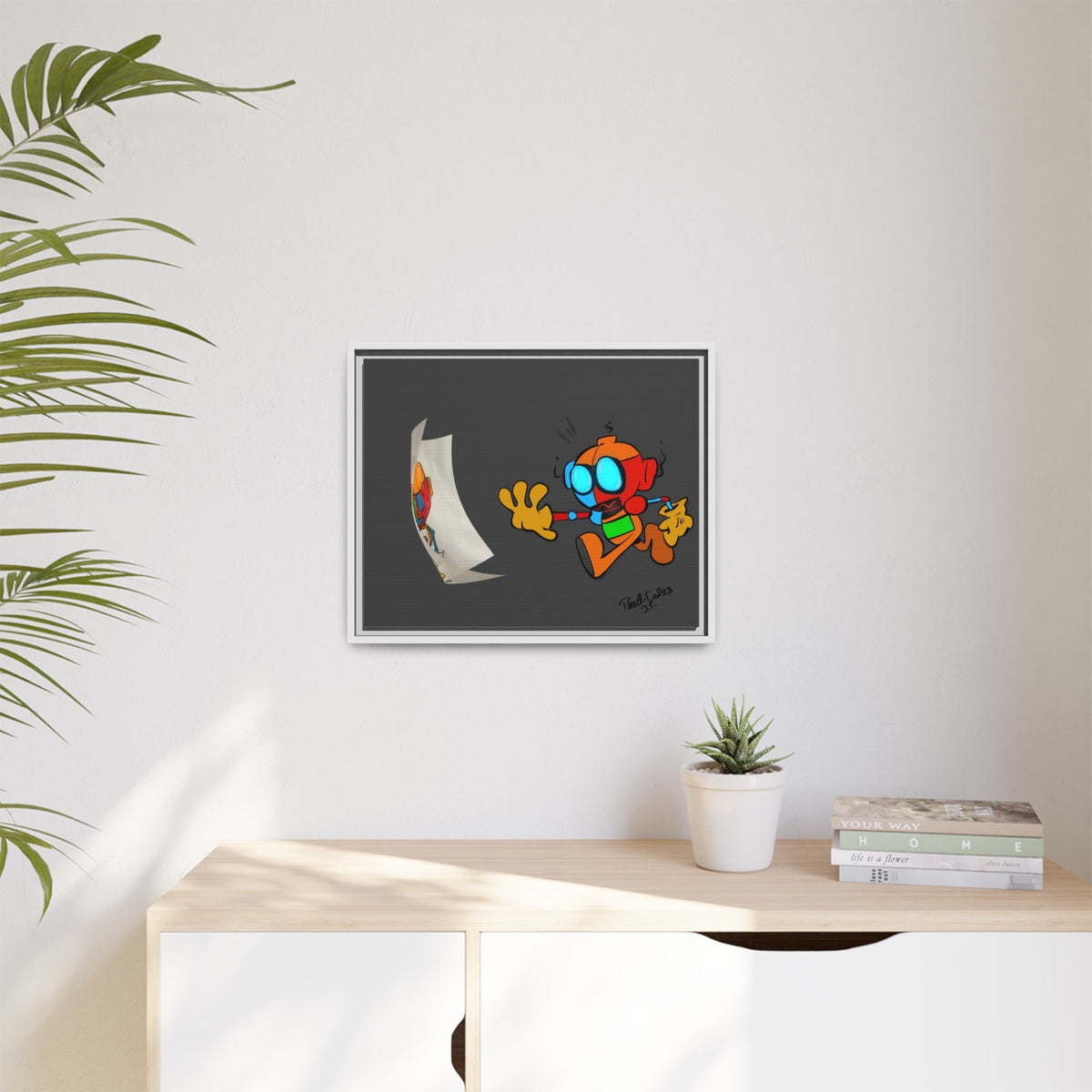 Android  Irony Framed Matte Canvas Art — Colorful Cartoon Robot Print