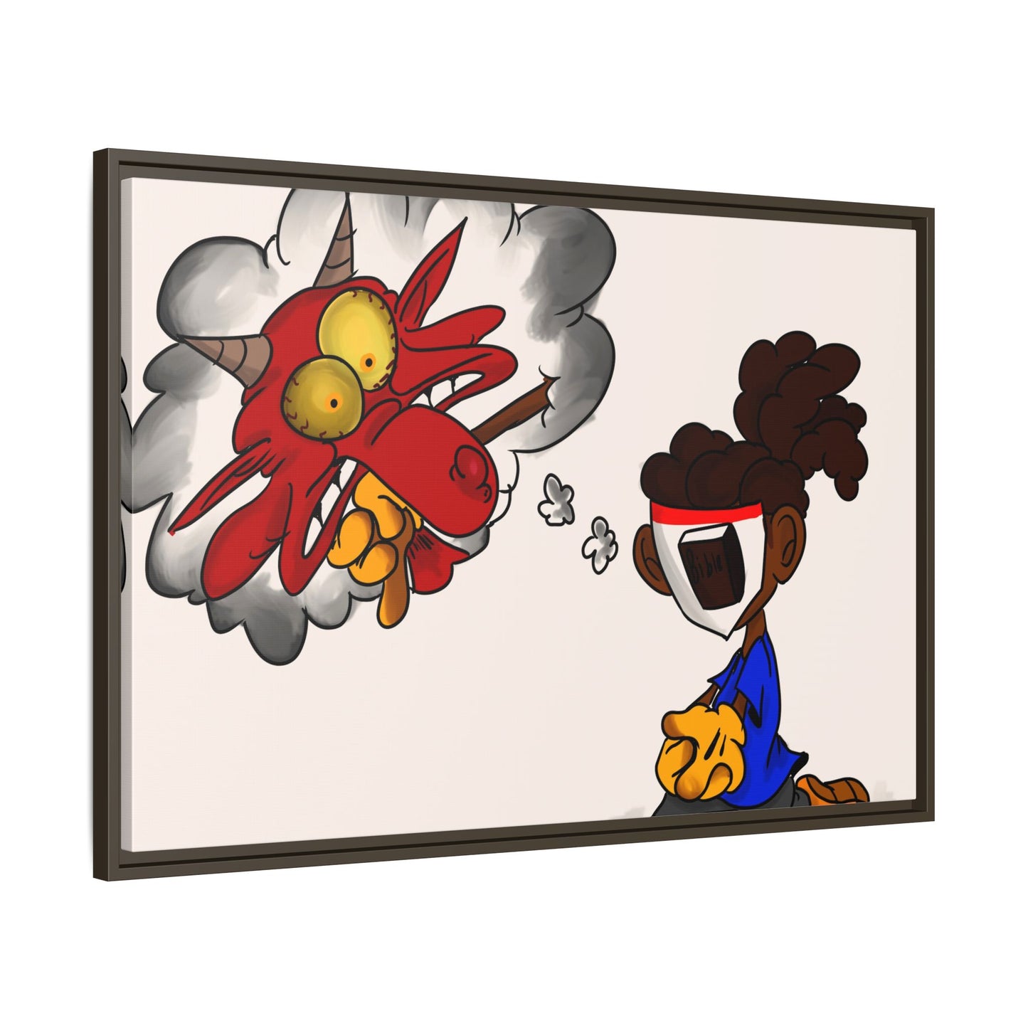 Power of Prayer Framed Matte Canvas Art — Cartoon Kid Imagining a Red Dragon