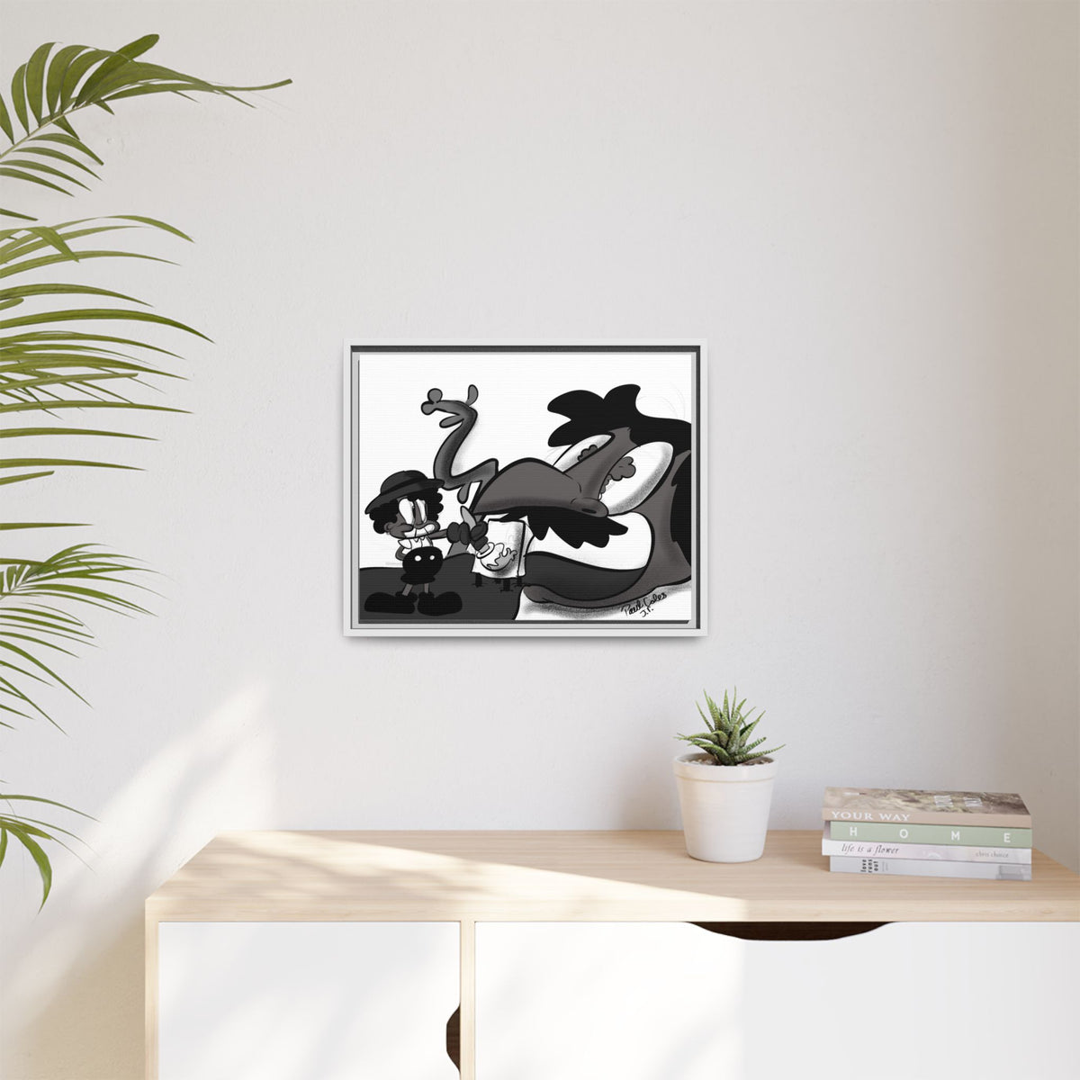 Jack & The Bean Stalk  Matte Canvas Framed Art — Monochrome Retro Character Print