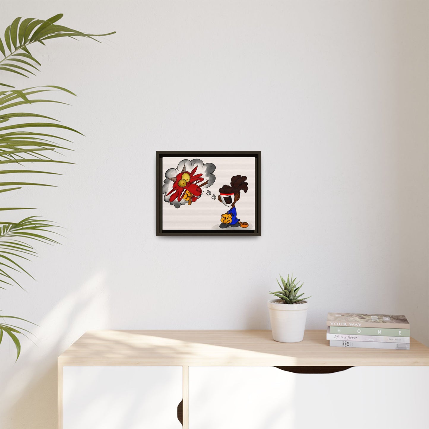 Power of Prayer Framed Matte Canvas Art — Cartoon Kid Imagining a Red Dragon