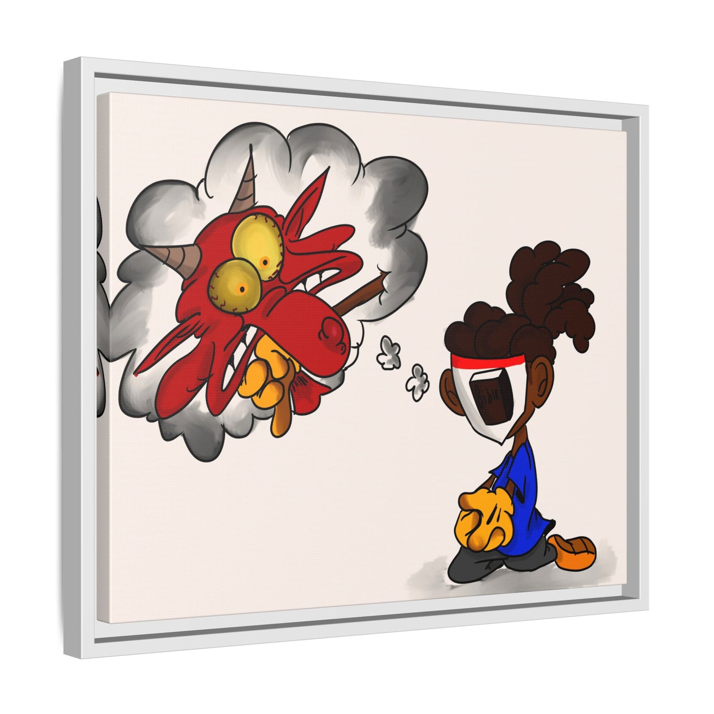 Power of Prayer Framed Matte Canvas Art — Cartoon Kid Imagining a Red Dragon