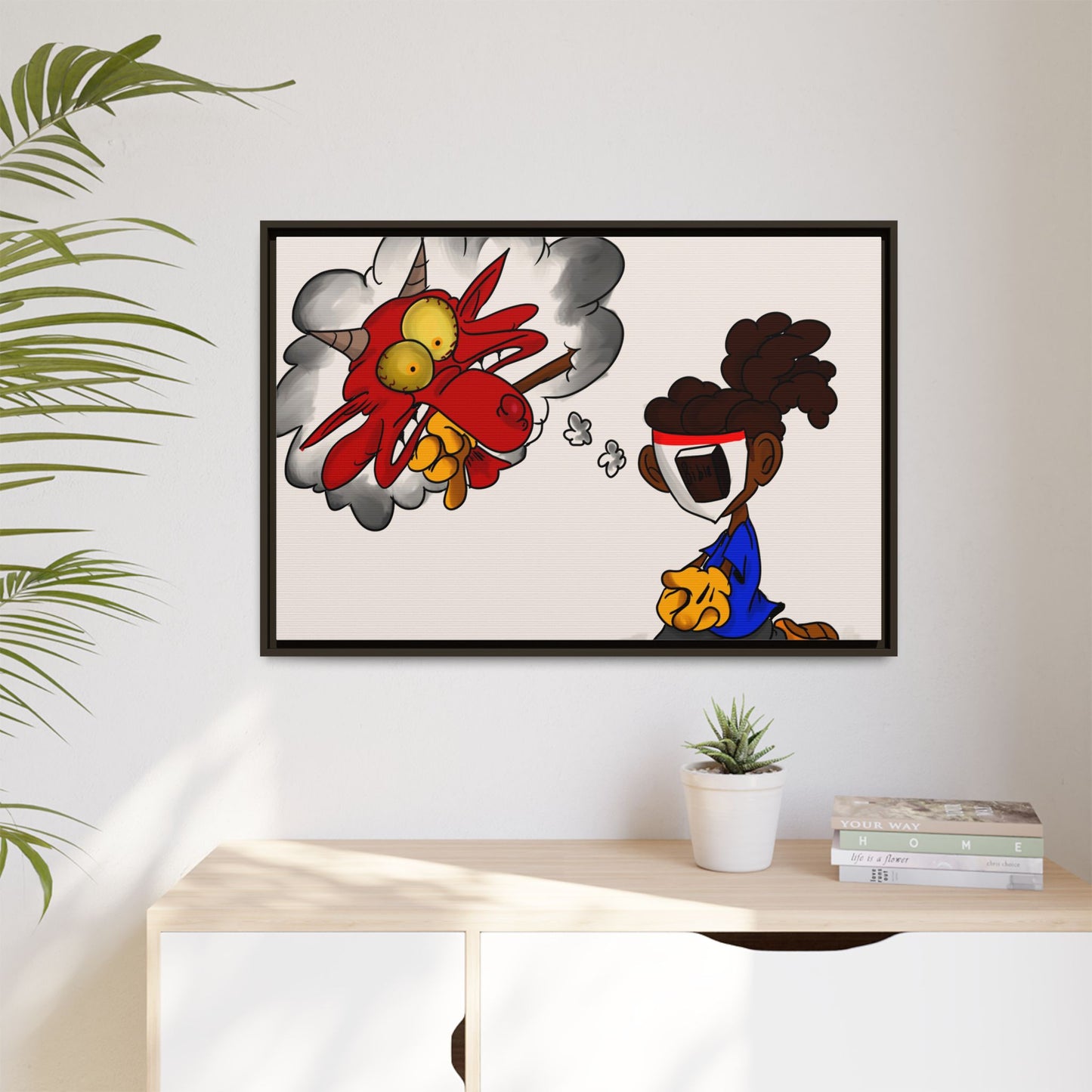 Power of Prayer Framed Matte Canvas Art — Cartoon Kid Imagining a Red Dragon