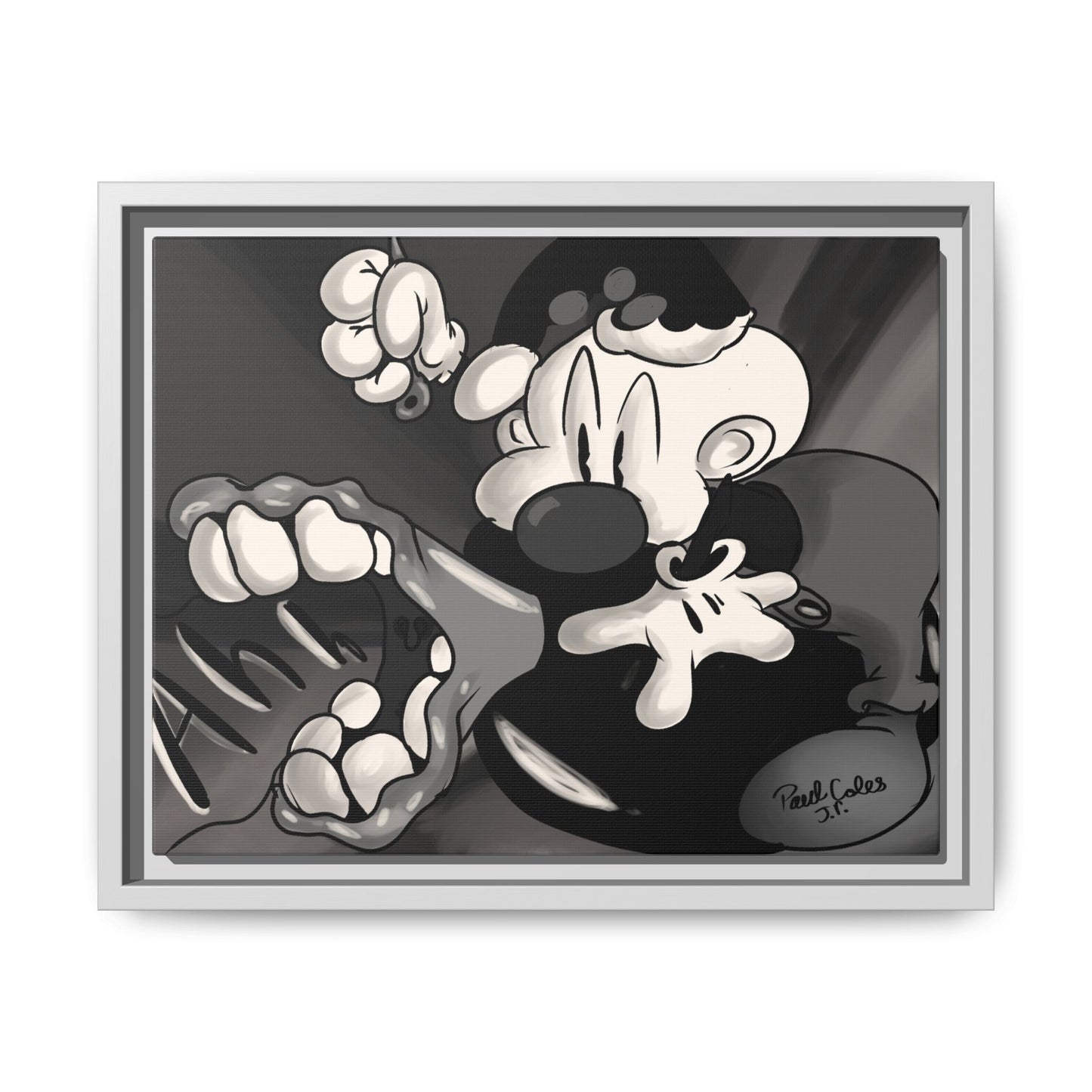 Screaming Circus  Matte Canvas Framed Art — Monochrome Retro Character Print