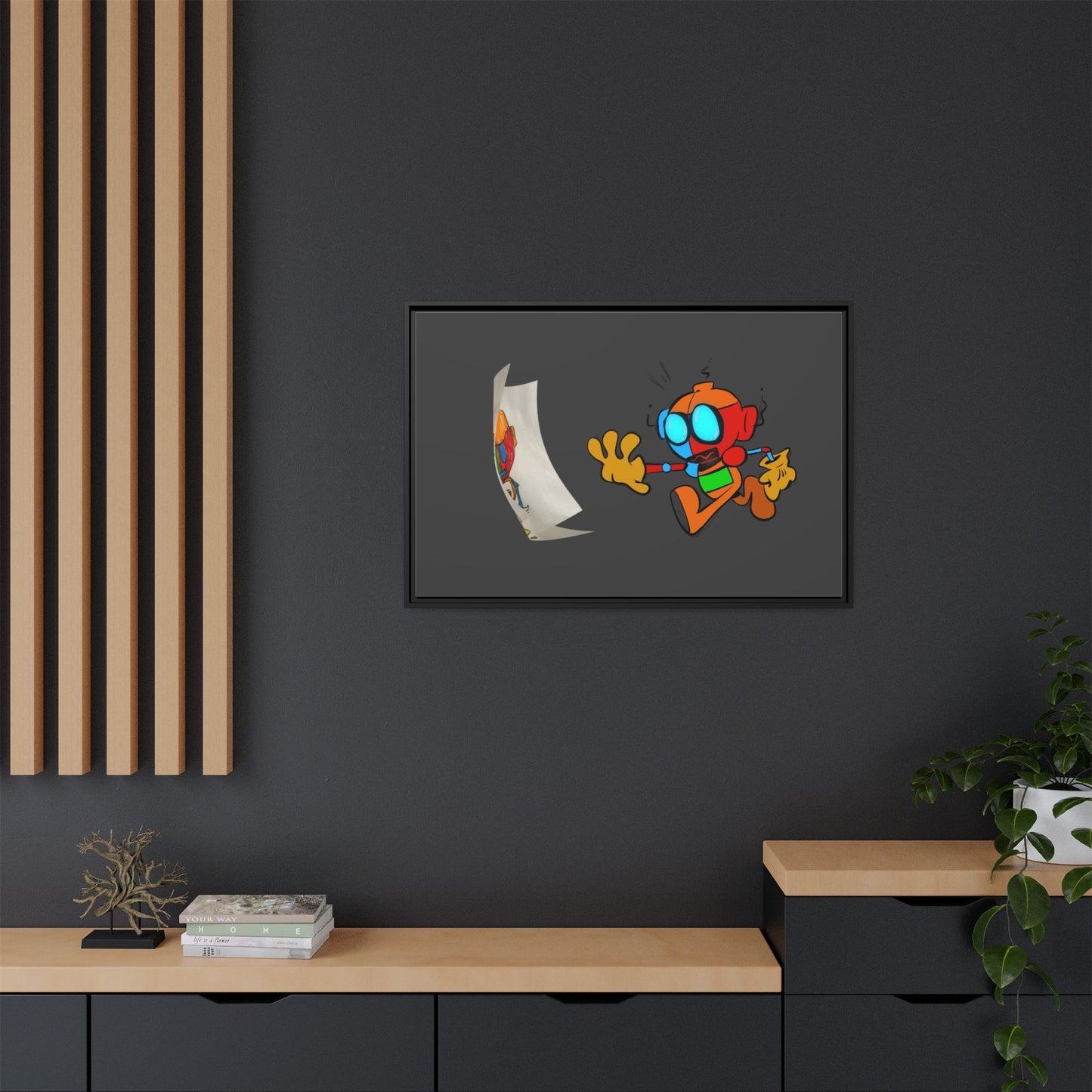 Android  Irony Framed Matte Canvas Art — Colorful Cartoon Robot Print