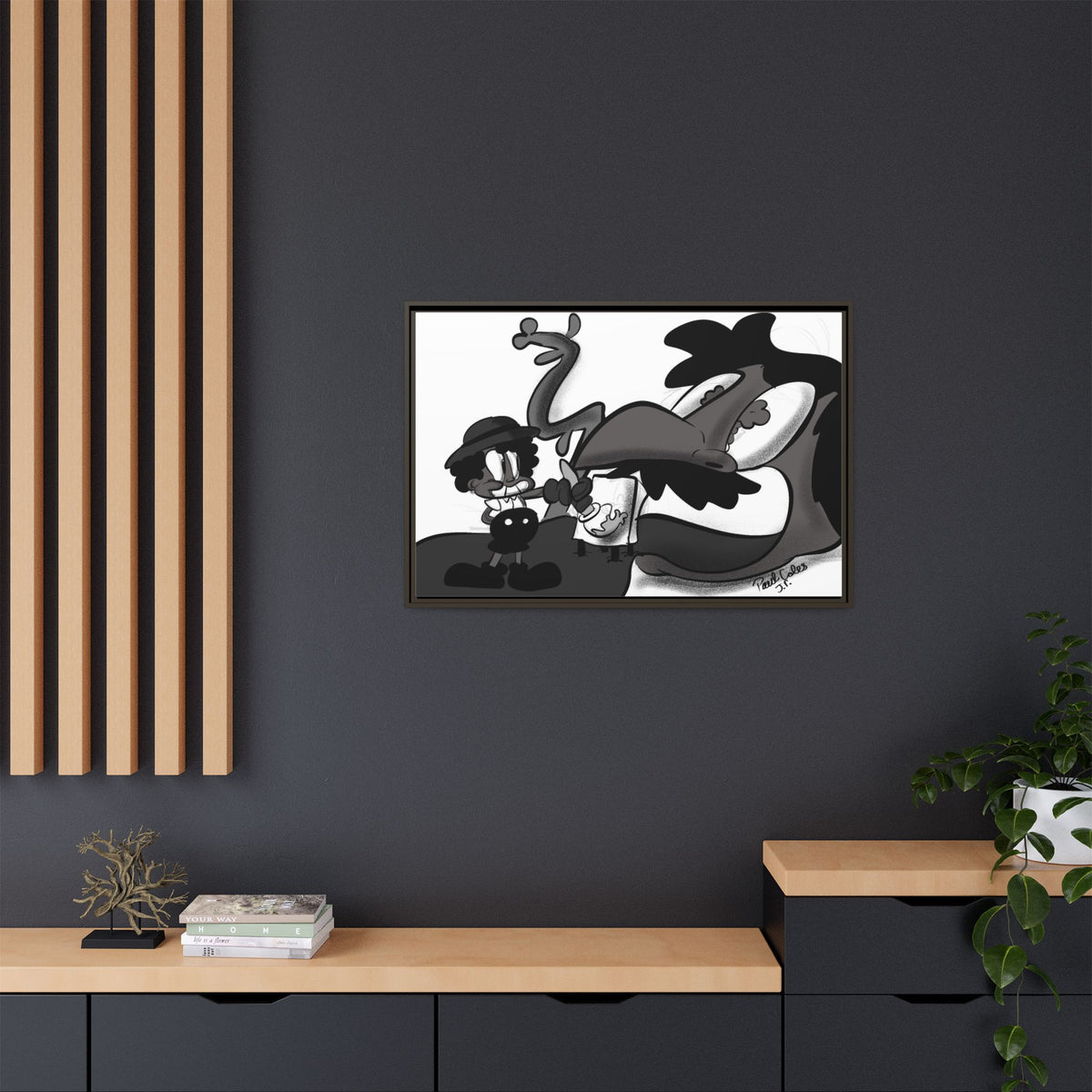 Jack & The Bean Stalk  Matte Canvas Framed Art — Monochrome Retro Character Print