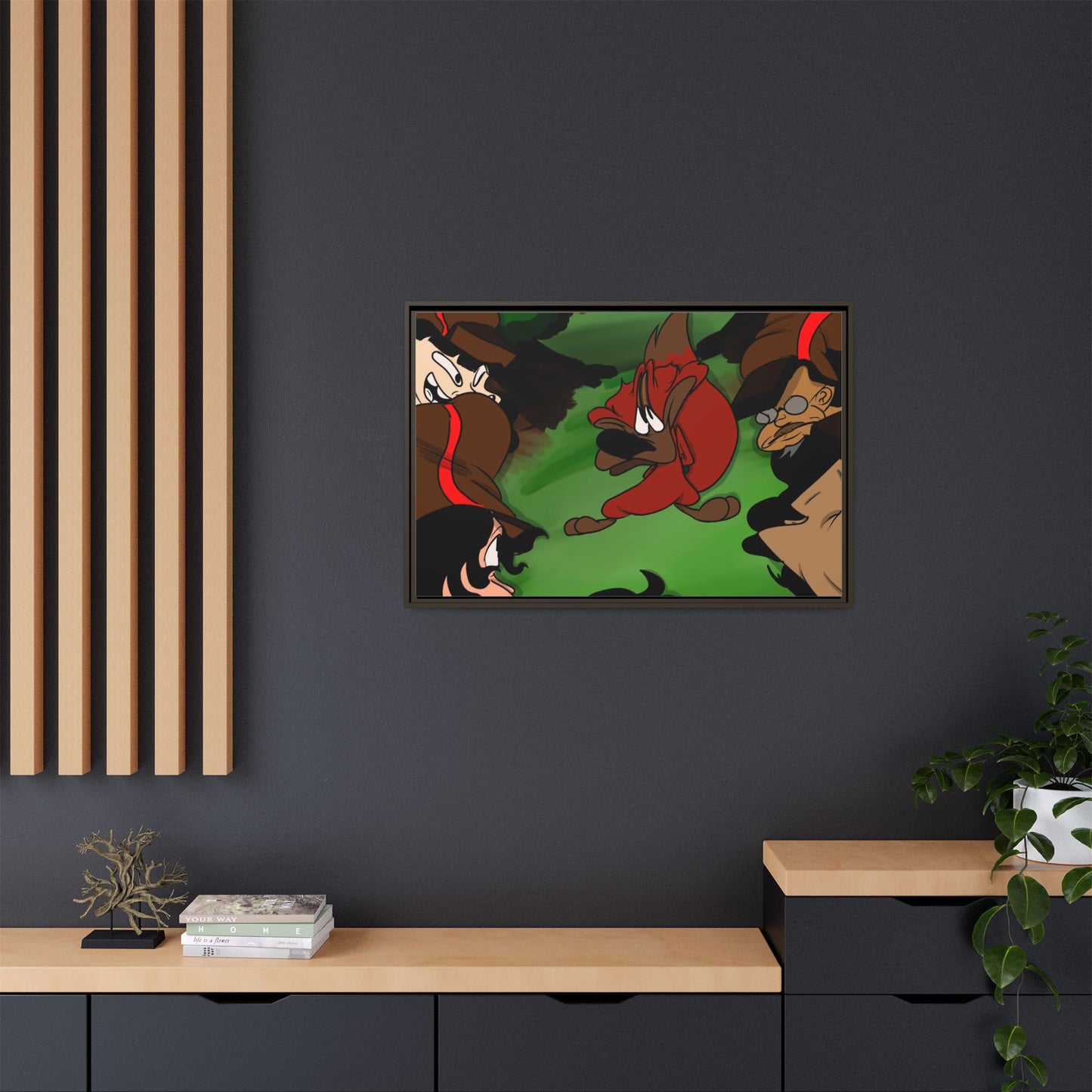 Hunting Season Framed Matte Canvas Art — Vintage Cartoon Band of Pirates Illustration