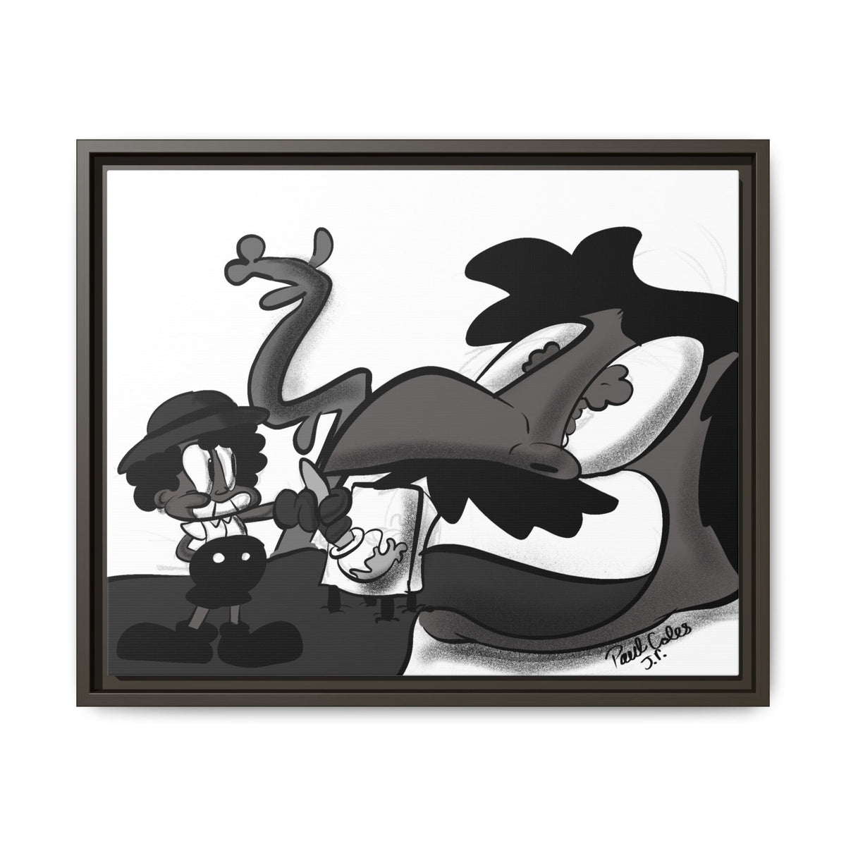 Jack & The Bean Stalk  Matte Canvas Framed Art — Monochrome Retro Character Print