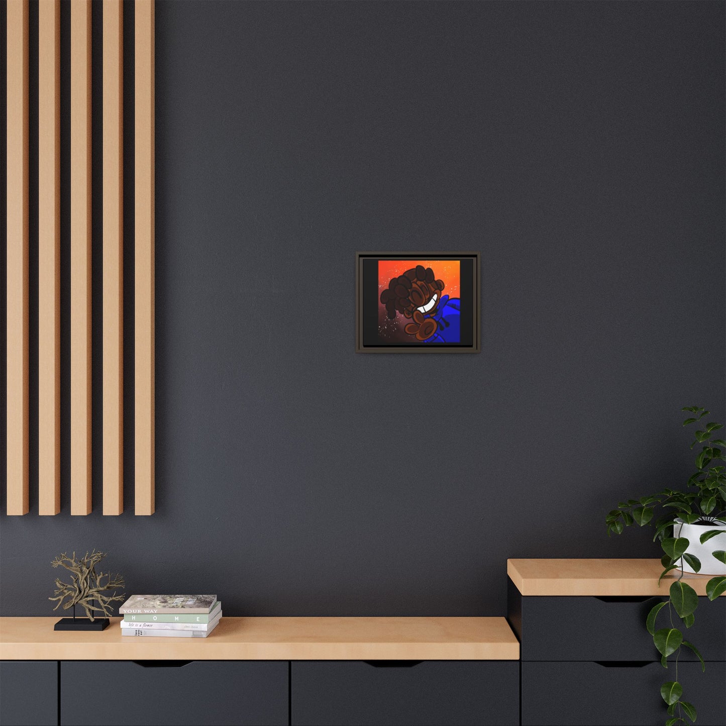 Peace of Me Framed Matte Canvas Art — Cartoon Smile Character on Orange-Red Background