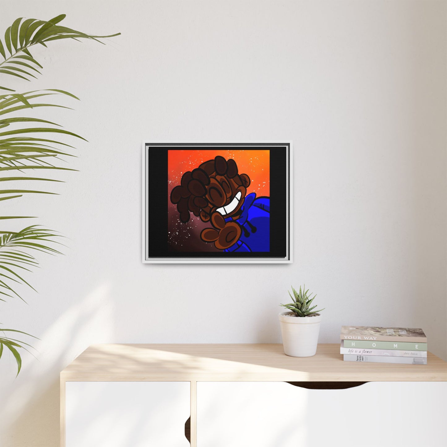 Peace of Me Framed Matte Canvas Art — Cartoon Smile Character on Orange-Red Background