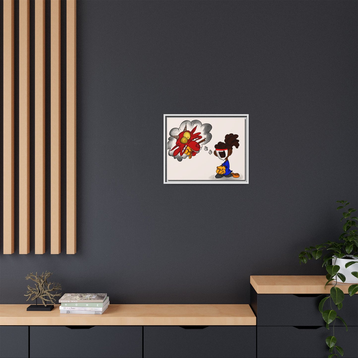 Power of Prayer Framed Matte Canvas Art — Cartoon Kid Imagining a Red Dragon