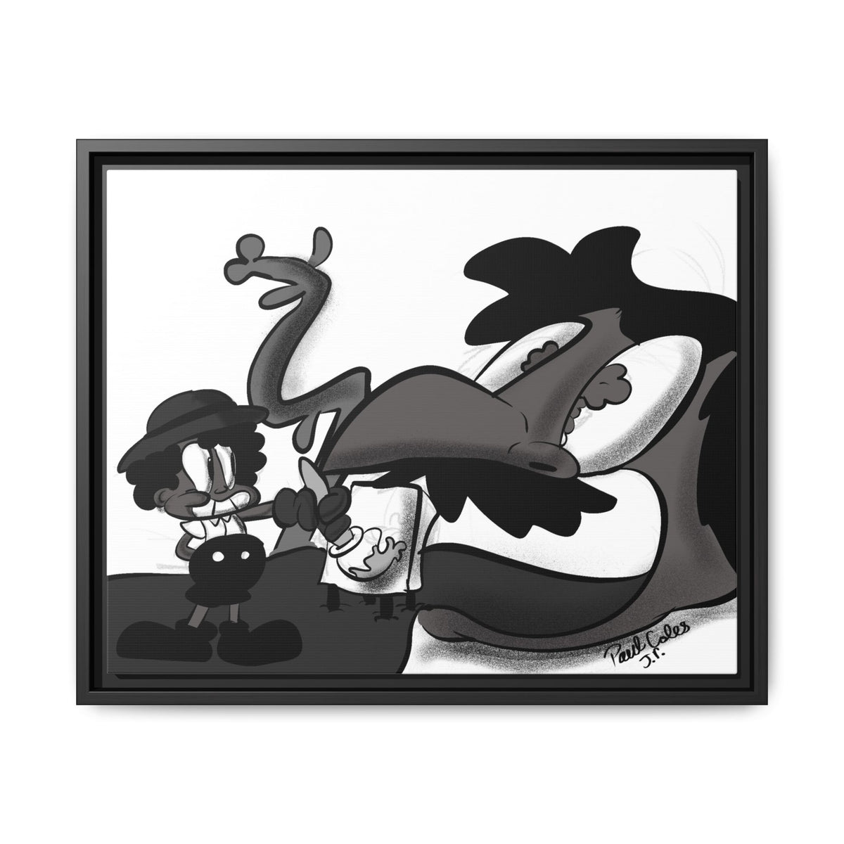 Jack & The Bean Stalk  Matte Canvas Framed Art — Monochrome Retro Character Print