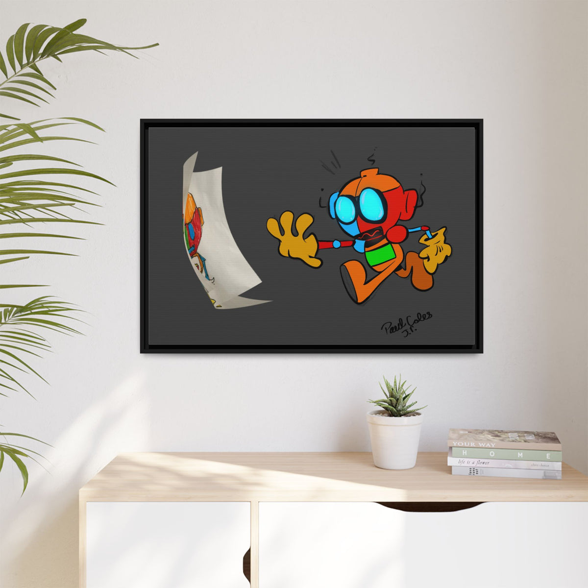 Android  Irony Framed Matte Canvas Art — Colorful Cartoon Robot Print