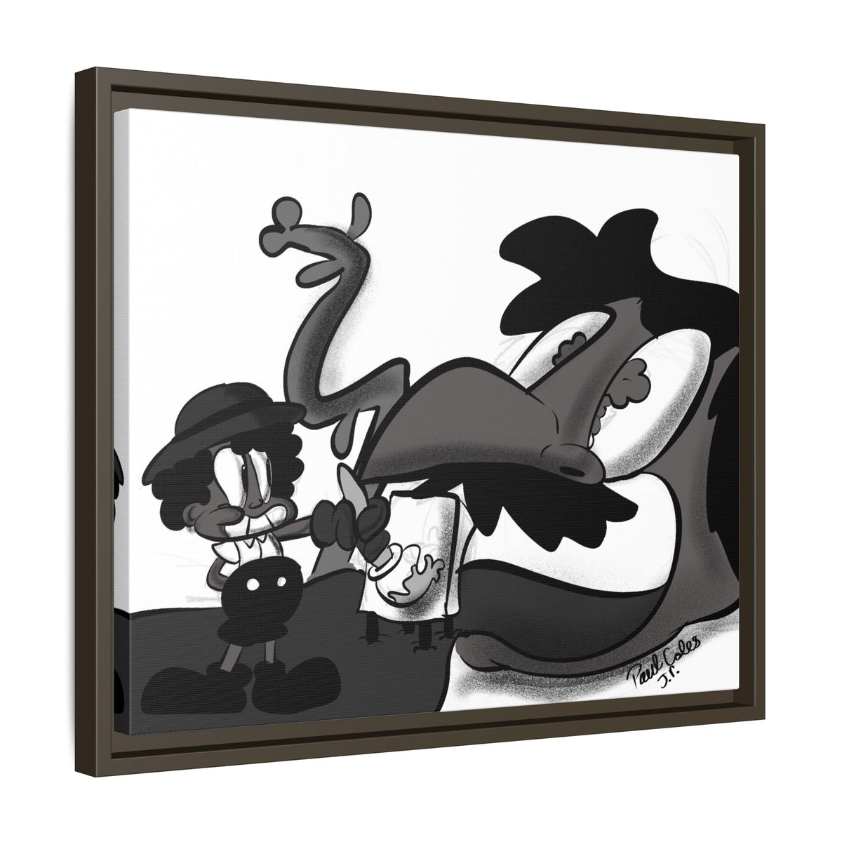 Jack & The Bean Stalk  Matte Canvas Framed Art — Monochrome Retro Character Print