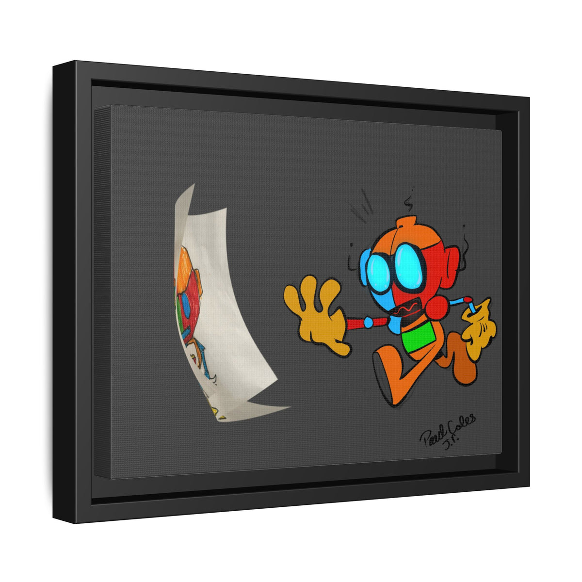 Android  Irony Framed Matte Canvas Art — Colorful Cartoon Robot Print