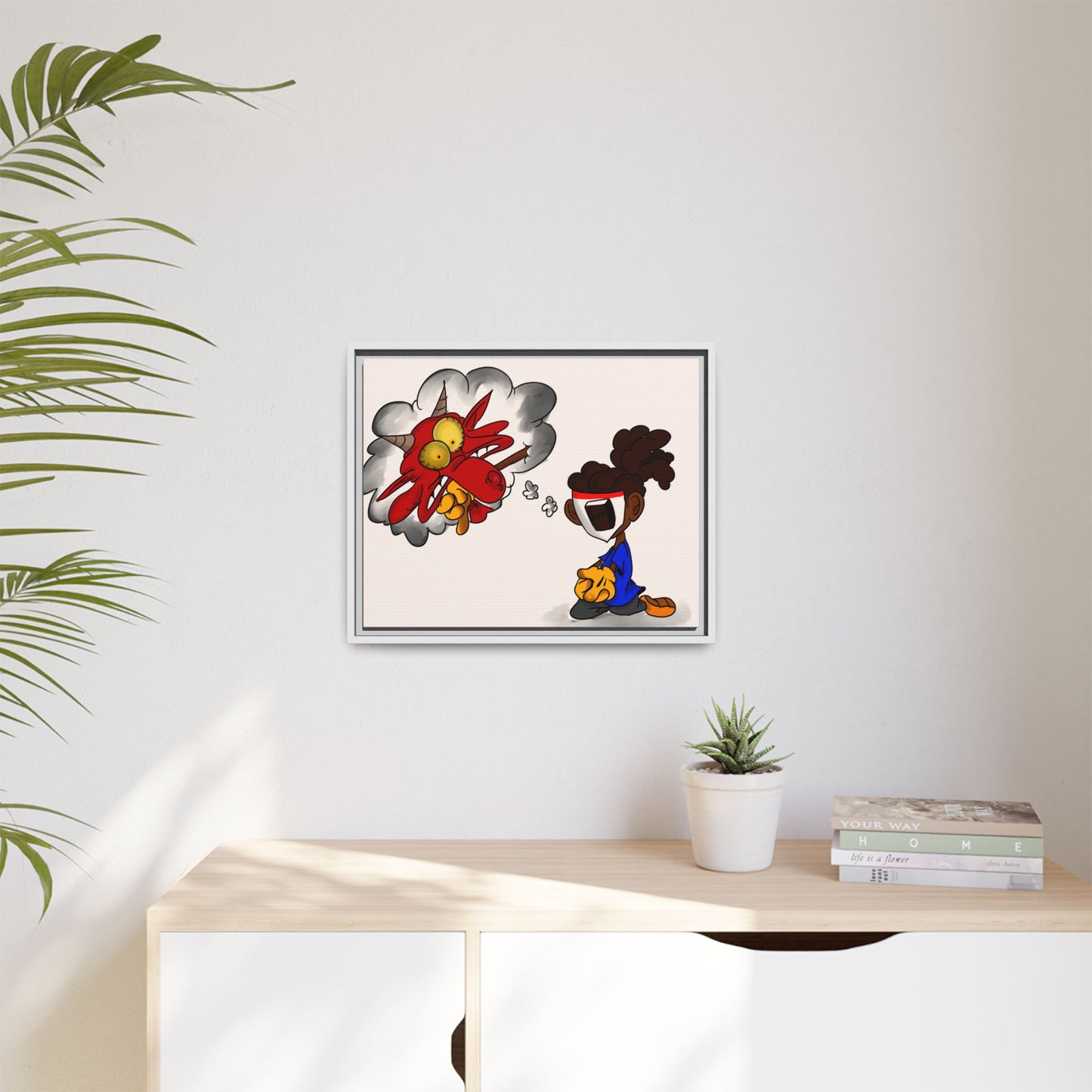 Power of Prayer Framed Matte Canvas Art — Cartoon Kid Imagining a Red Dragon