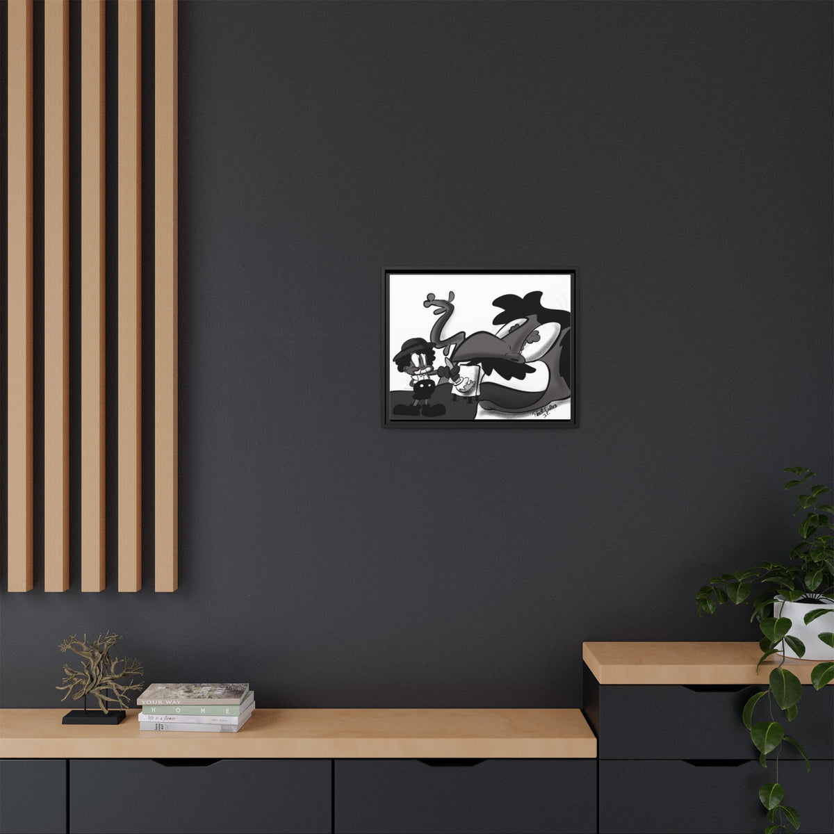 Jack & The Bean Stalk  Matte Canvas Framed Art — Monochrome Retro Character Print